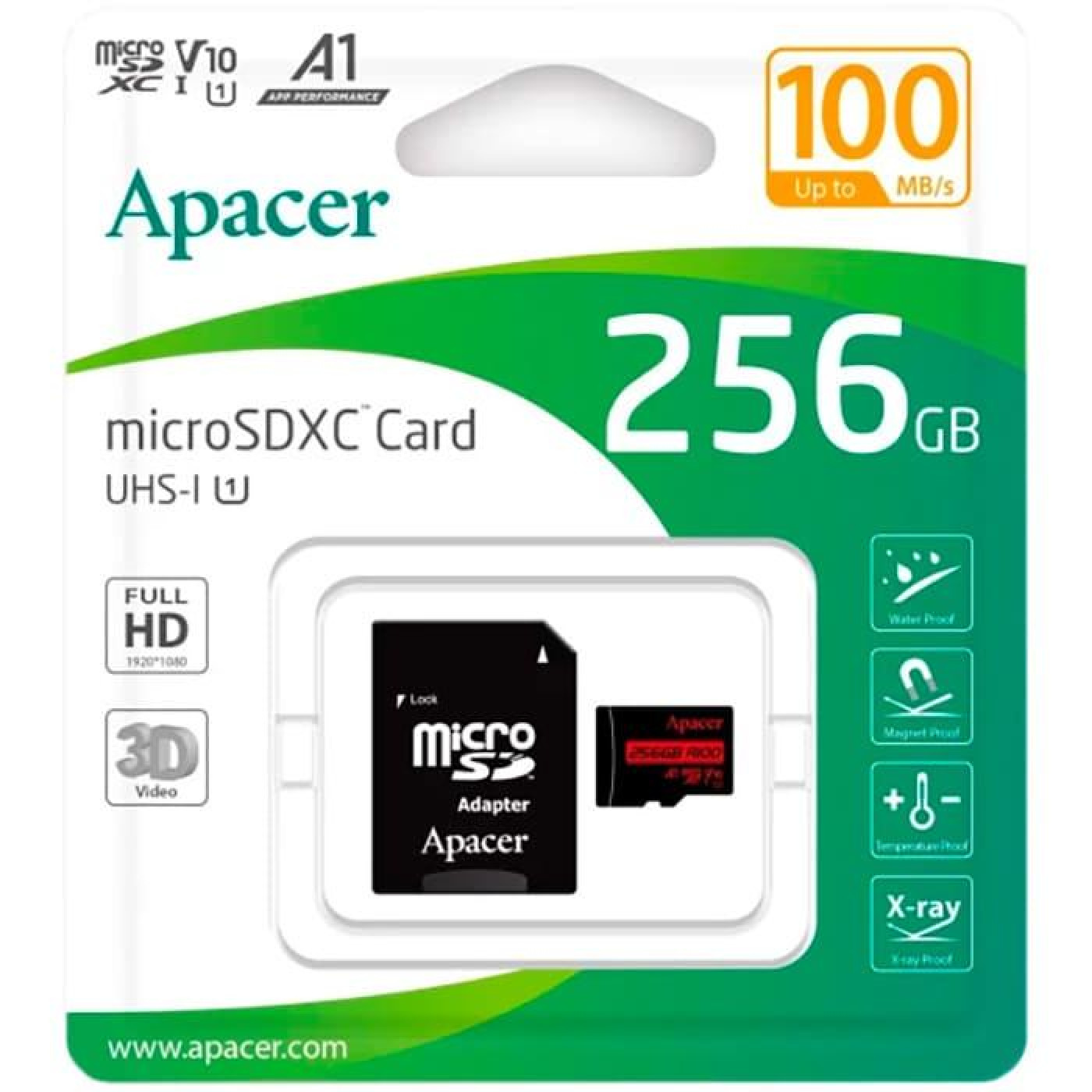 microSDXC (UHS-1) Apacer 256Gb class 10 V10 A1 R100MB/s (adapter SD)