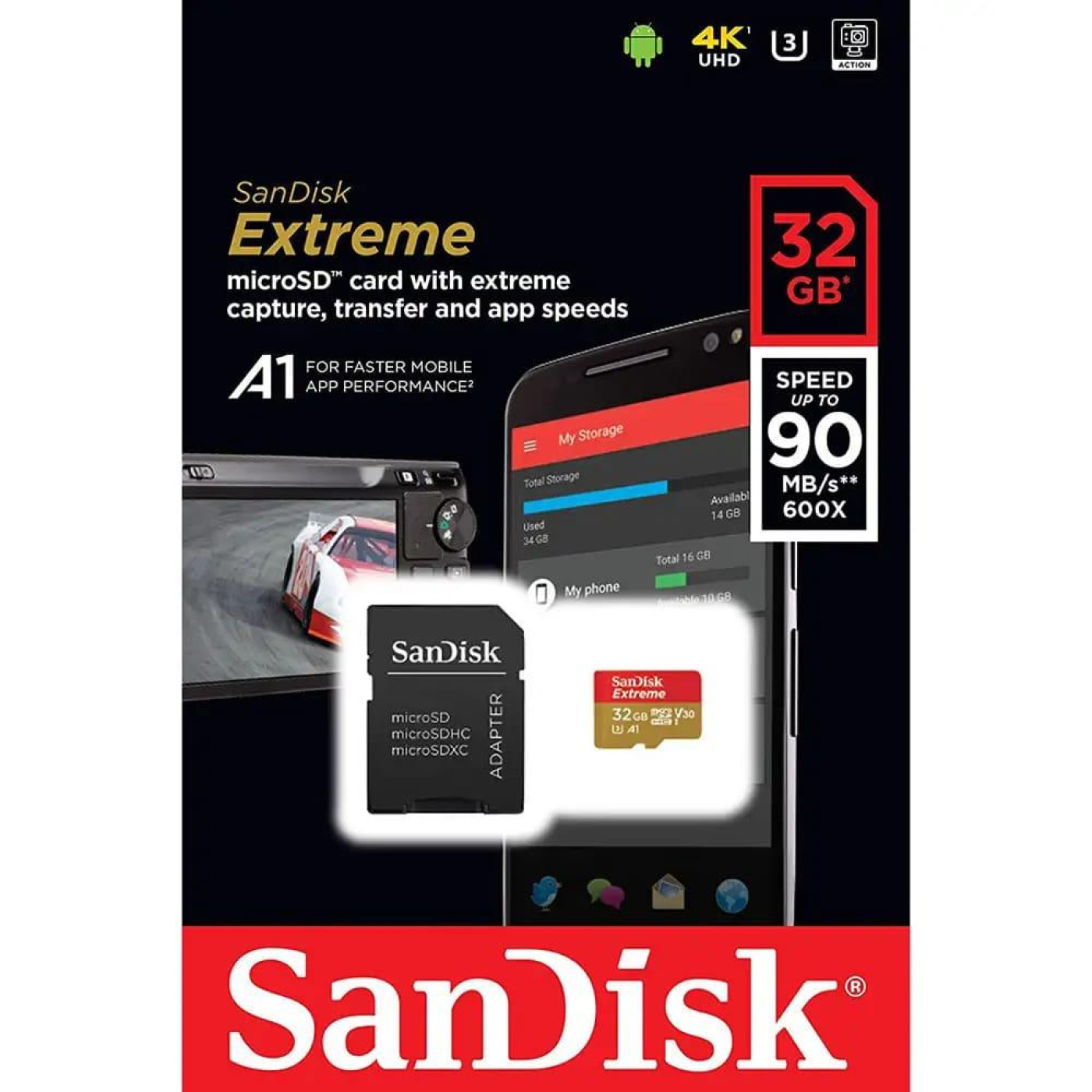 Карта пам'яті Sandisk microSDHC (UHS-1 U3) Extreme Action A1 32Gb class 10 V30 (R100MB/s, 667x) (adapter SD) (SDSQXAF-032G-GN6MA)
