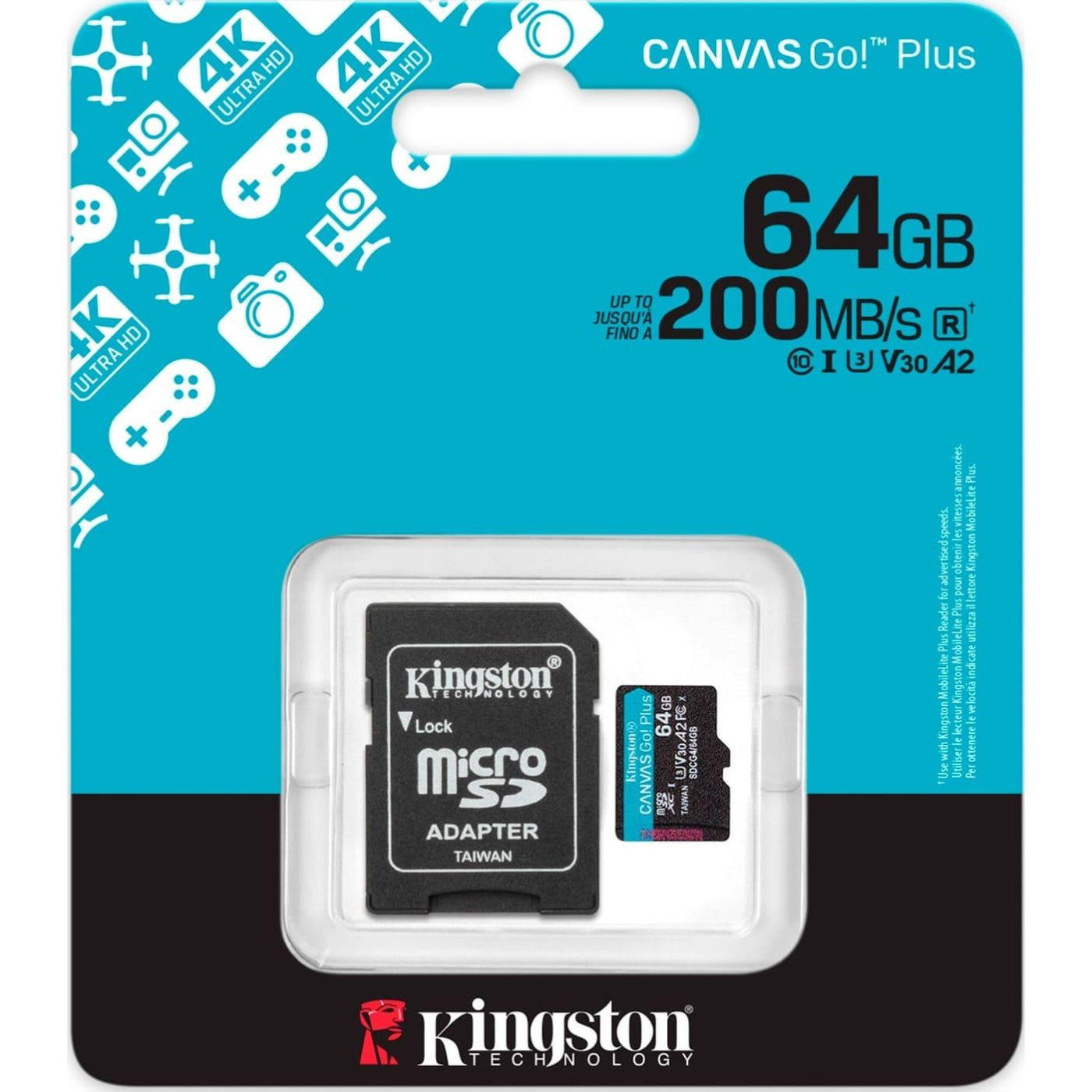 Карта памяти Kingston microSD 64GB C10 UHS-I U3 A2 V30 R200MB/s + SD (SDCG4/64GB)