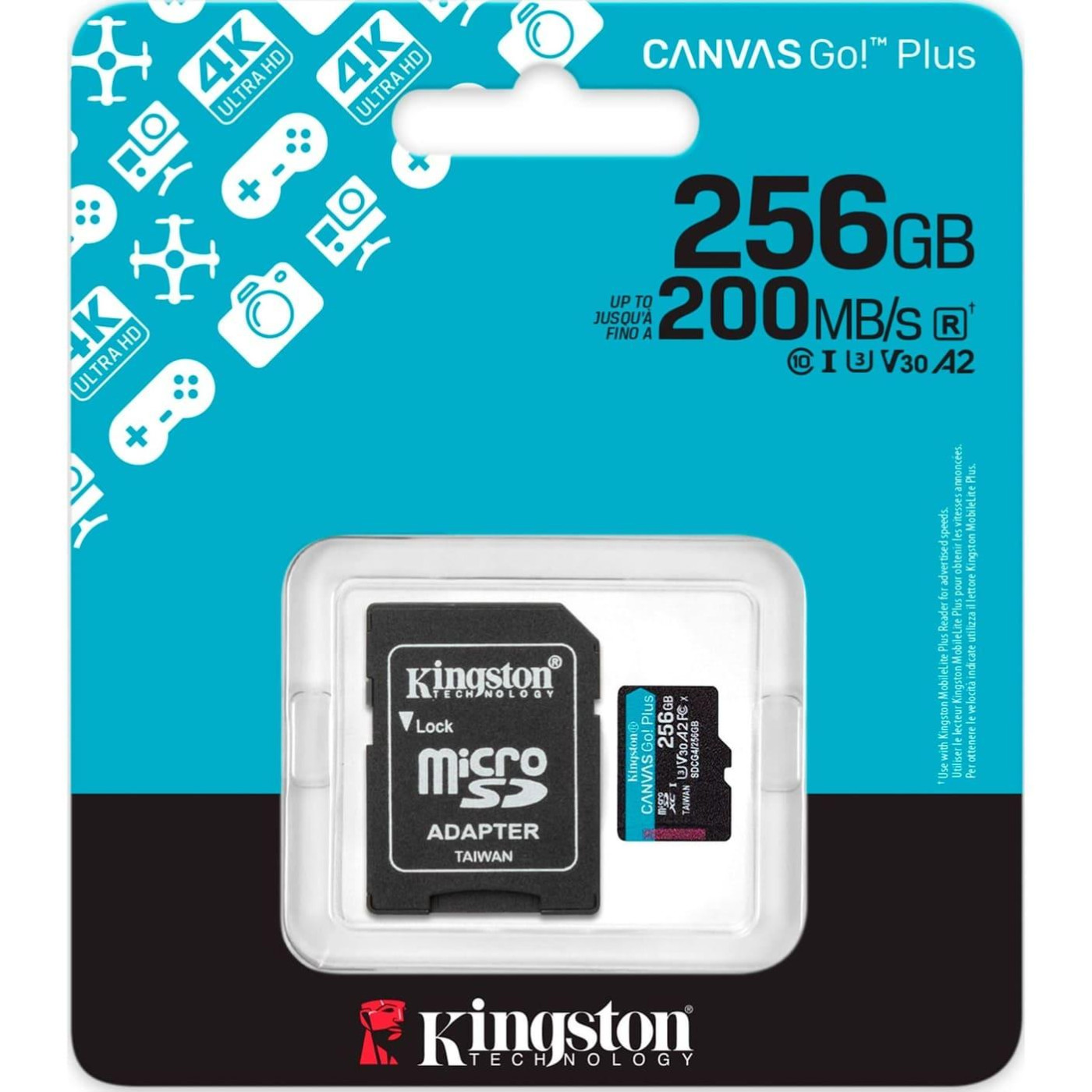 Карта пам'яті Kingston microSD 256GB C10 UHS-I U3 A2 V30 R200/W160MB/s + SD (SDCG4/256GB)