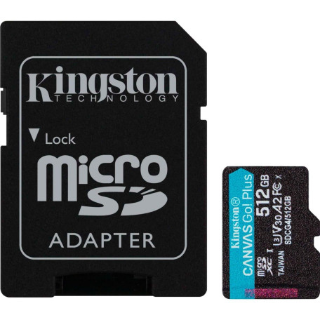 Карта памяти Kingston microSD 512GB C10 UHS-I U3 A2 V30 R200/W160MB/s + SD (SDCG4/512GB)