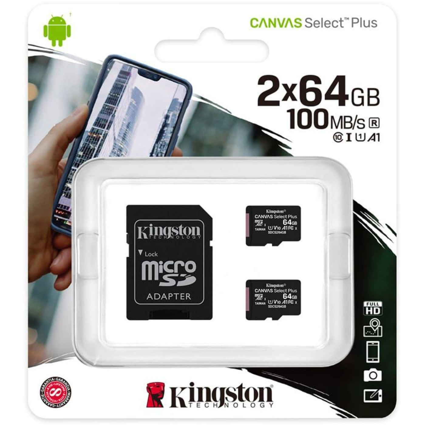 Карта пам'яті Kingston MicroSDXC 2x64GB UHS-I Class 10 Canvas Select Plus R100MB/s + SD-адаптер (SDCS2/64GB-2P1A)