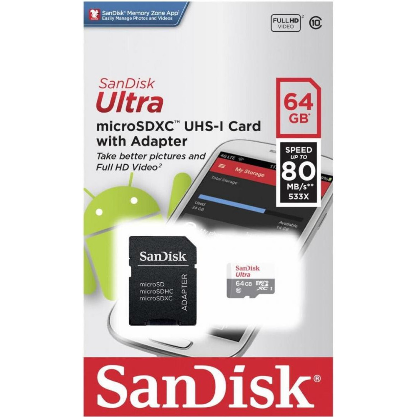 Карта памяти Sandisk 64GB microSDXC C10 UHS-I R100MB/s Ultra + SD (SDSQUNR-064G-GN3MA)