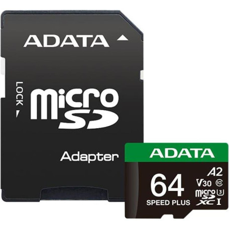 Карта памяти Adata microSDXC (UHS-1 U3) A-DATA SPEED PLUS 64Gb Class 10 V30 A2 (R-160Mb/s W140Mb/s) (adapter SD) (UD64GUI3V30A2SP-RA1)