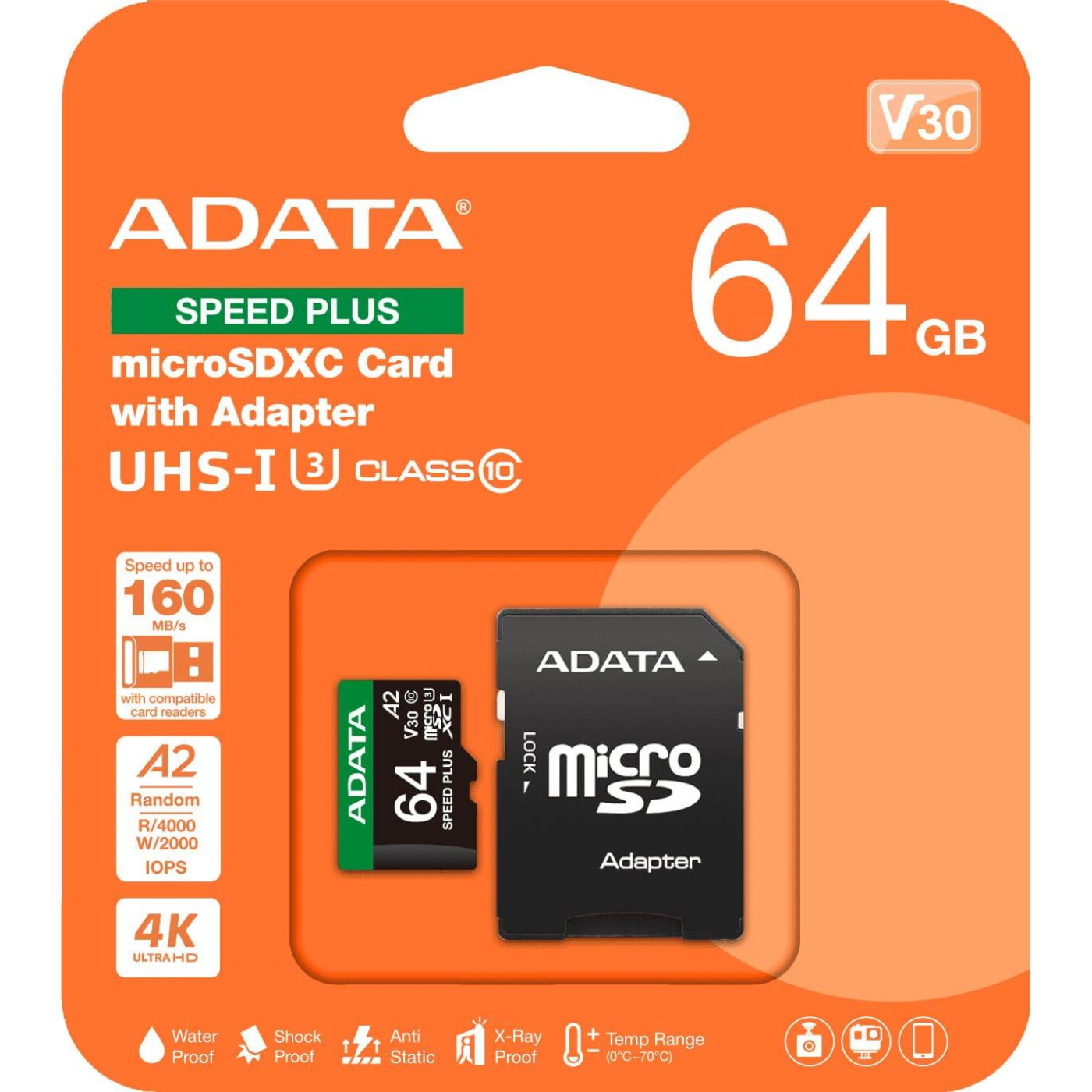 Карта памяти Adata microSDXC (UHS-1 U3) A-DATA SPEED PLUS 64Gb Class 10 V30 A2 (R-160Mb/s W140Mb/s) (adapter SD) (UD64GUI3V30A2SP-RA1)