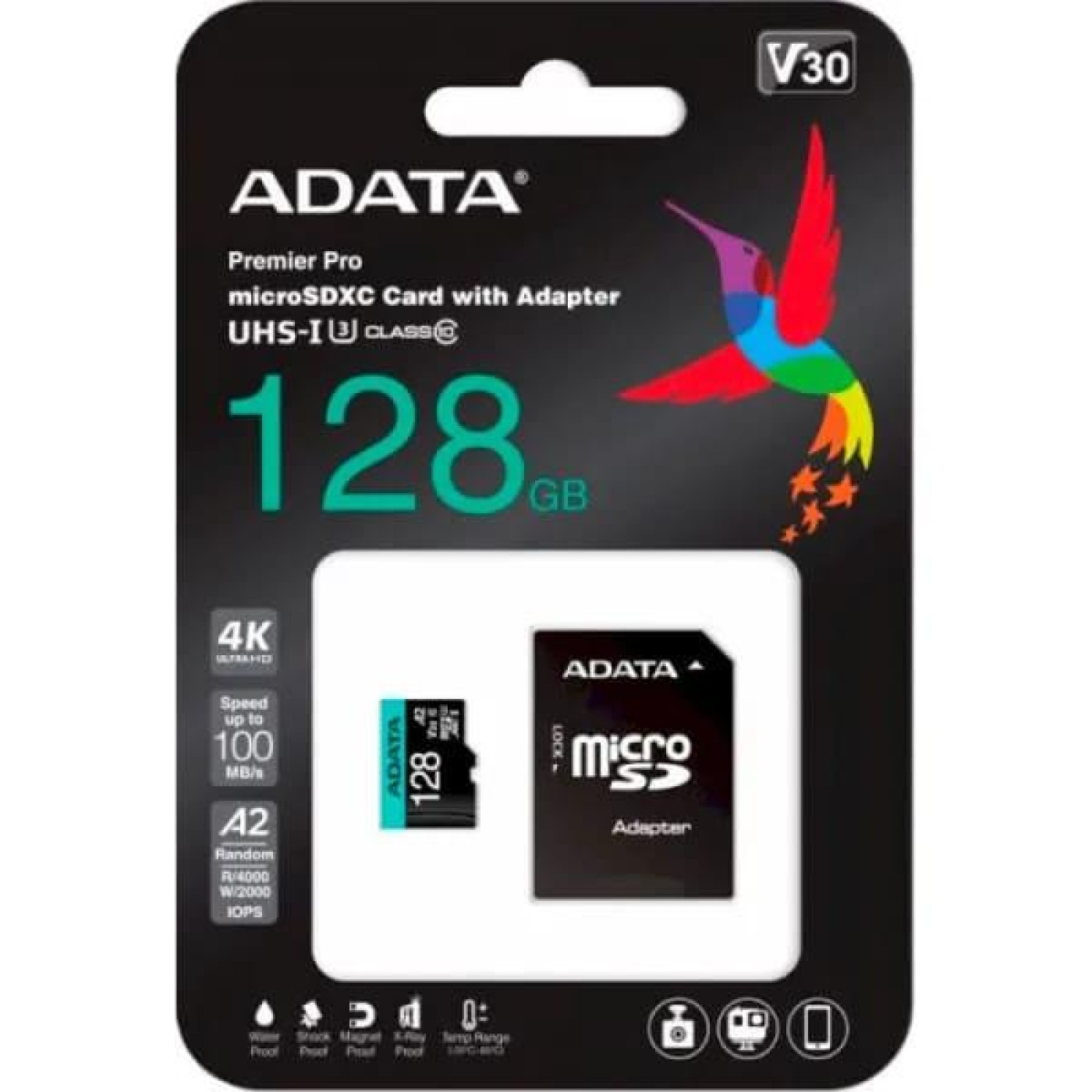 Карта памяти microSDXC (UHS-1 U3) A-DATA Premier Pro 128Gb Class 10 V30S A2 (R-100Mb/s W85Mb/s) (adapter SD) (AUSDX128GUI3V30SA2-RA1)