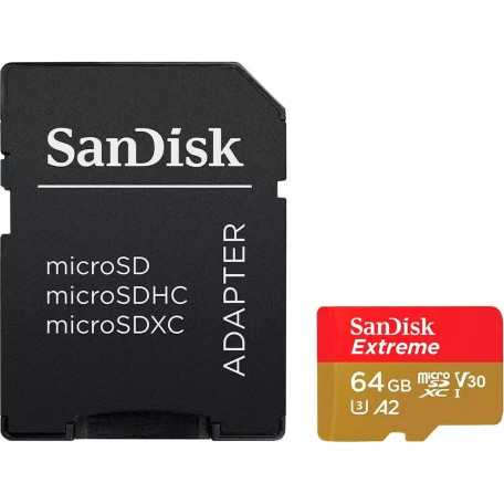 Карта памяти Sandisk 64GB microSDXC Extreme for Action Cams and Drones + SD Adapter + 1 year Rescue (SDSQXAH-064G-GN6AA)
