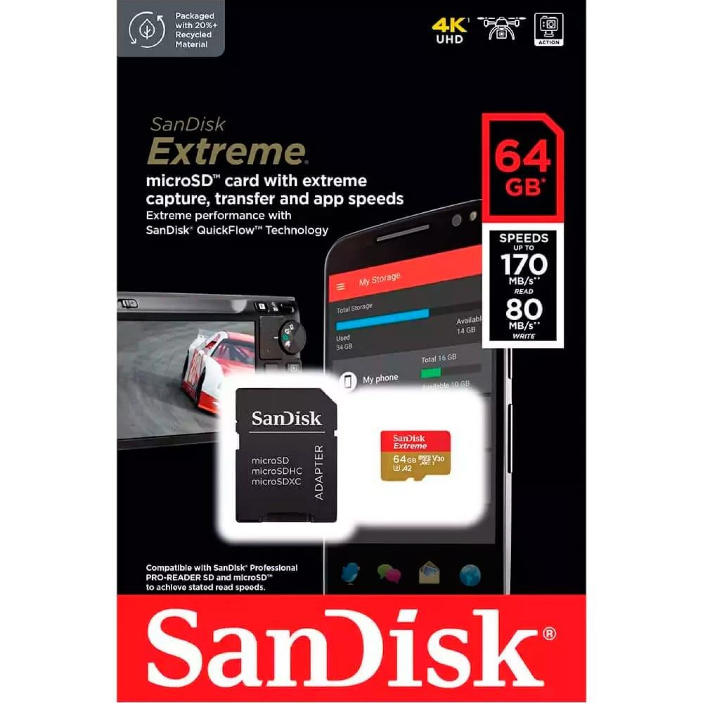 Карта памяти Sandisk 64GB microSDXC Extreme for Action Cams and Drones + SD Adapter + 1 year Rescue (SDSQXAH-064G-GN6AA)