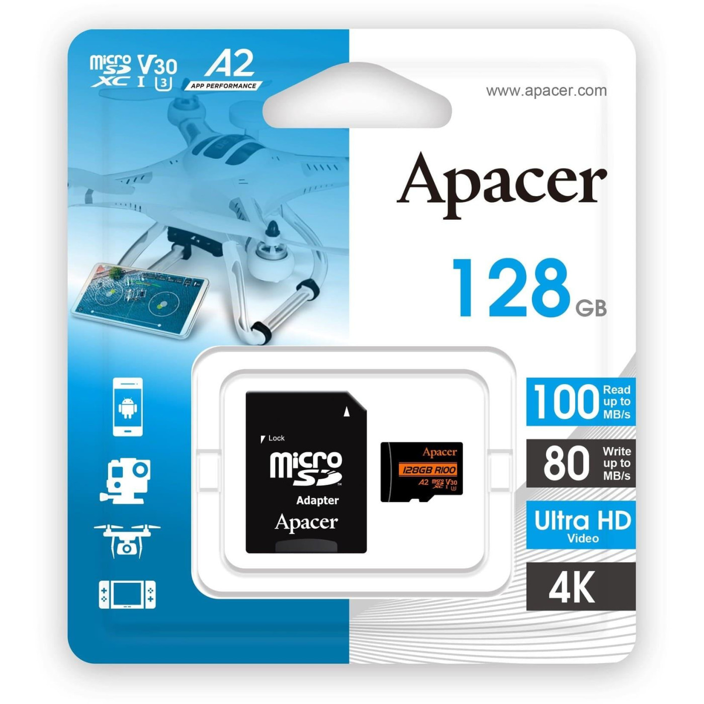 Карта памяти Apacer i MicroSDXC 128GB UHS-I/U3 Class 10 + SD адаптер (AP128GMCSX10U8-R)