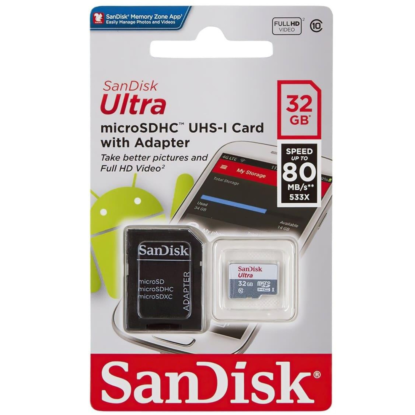 Карта памяти Sandisk 32GB microSDHC C10 UHS-I R100MB/s Ultra + SD (SDSQUNR-032G-GN3MA)