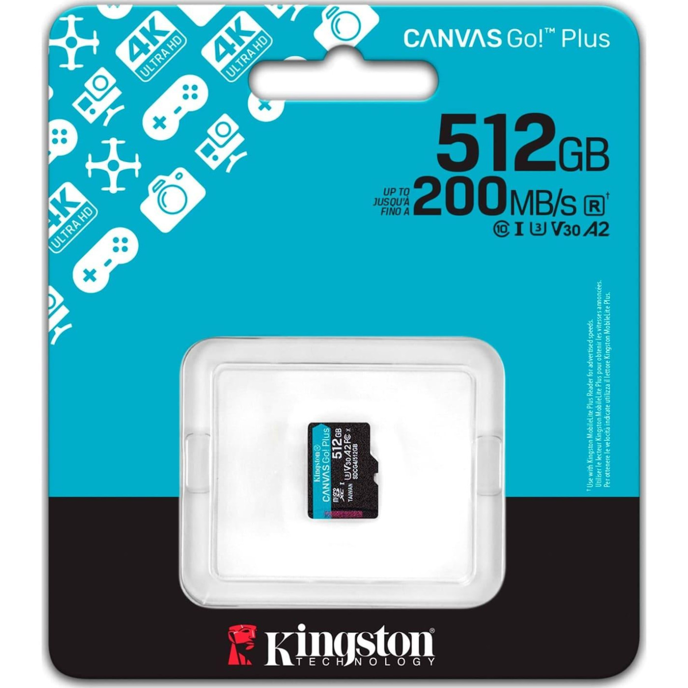 Карта пам`яті MicroSDXC  512GB UHS-I/U3 Class 10 Kingston Canvas Go! Plus R200/W160MB/s (SDCG4/512GBSP)