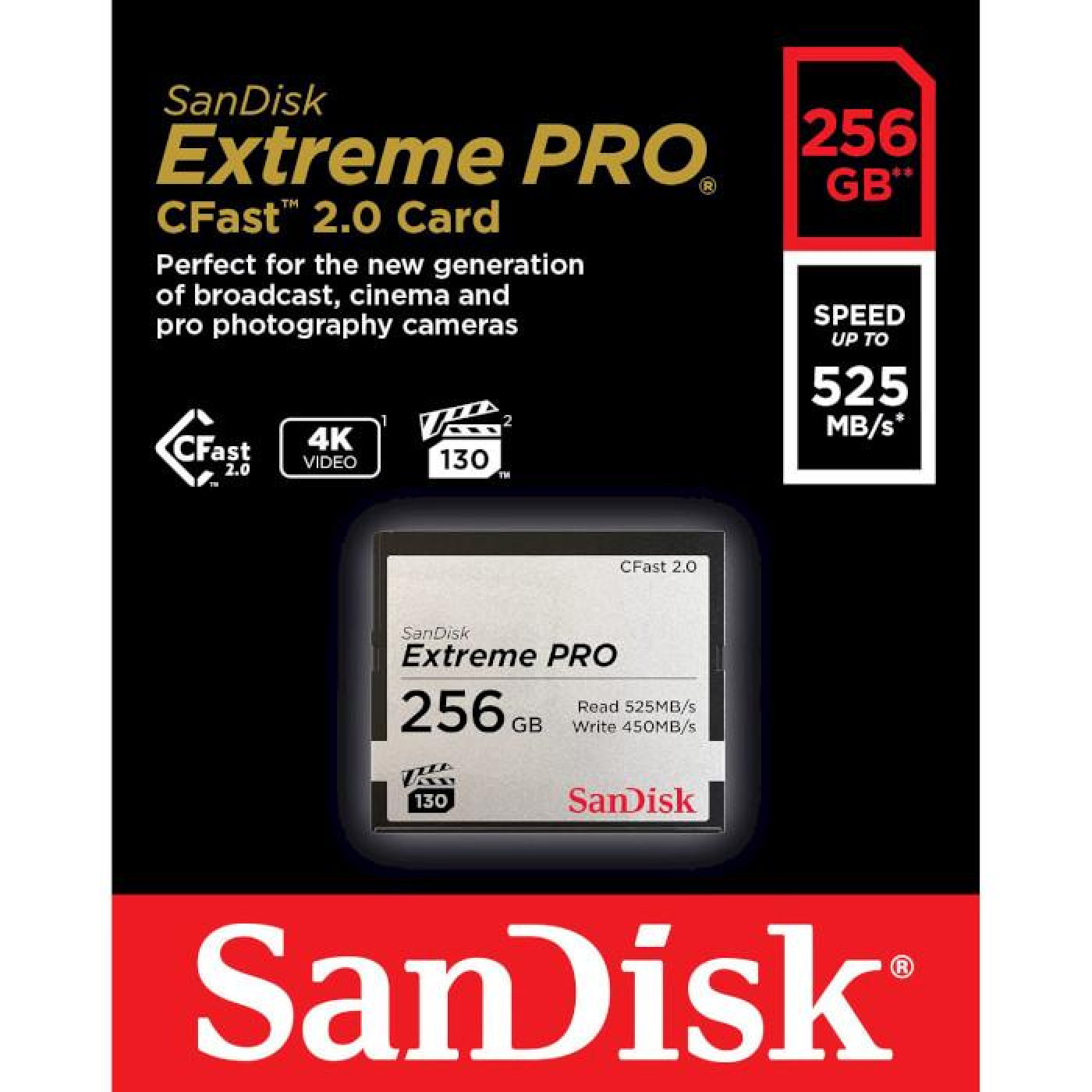 Карта пам'яті Sandisk 256GB CFAST 2.0 Extreme PRO 525MB/s VPG130, EAN: 619659145262 (SDCFSP-256G-G46D)
