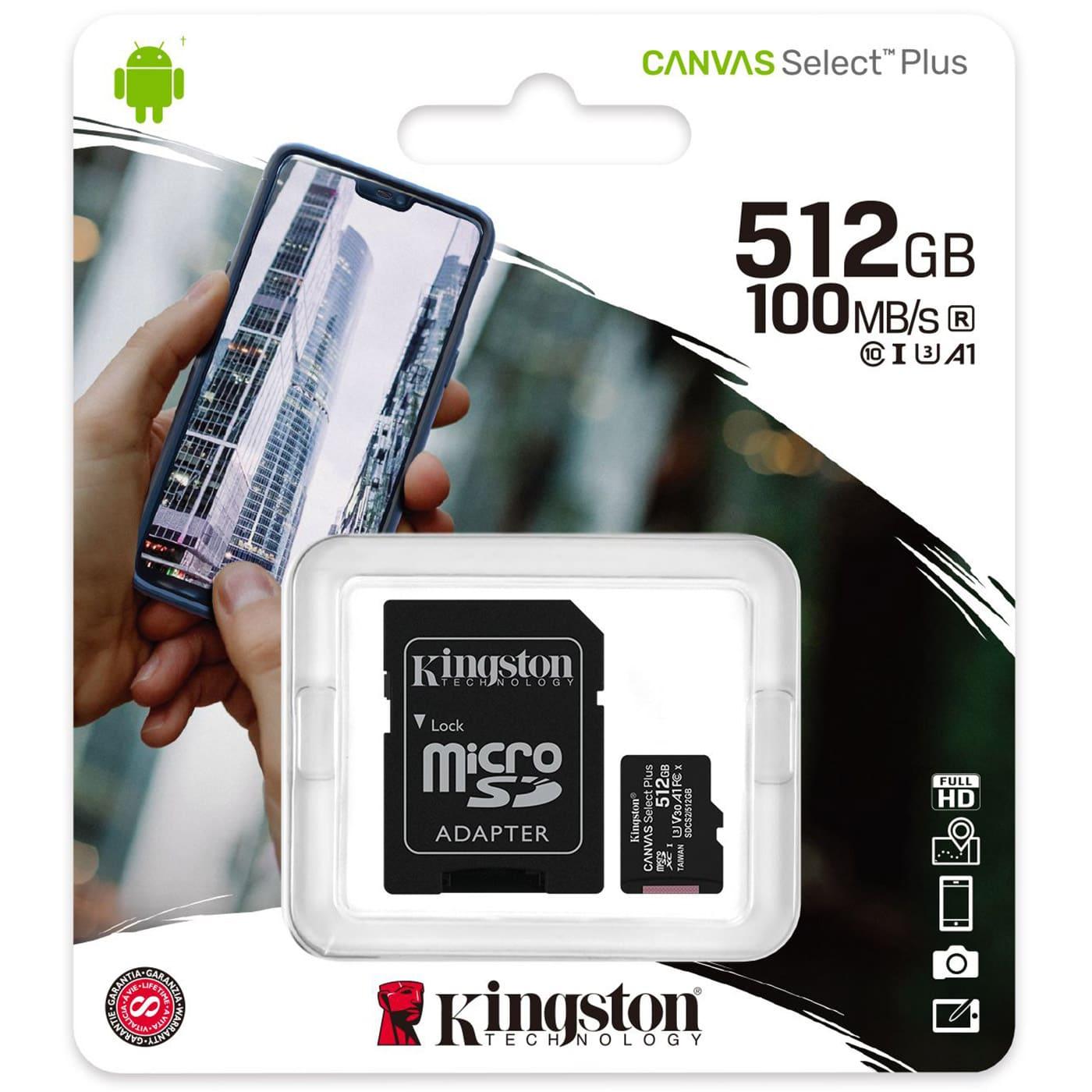 Карта памяти Kingston 512GB microSDXC Canvas Select Plus UHS-I/U3 Class 10 R100/W85MB/s (SDCS2/512GB)