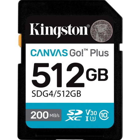 Карта памяти Kingston SDXC (UHS-1 U3) Canvas Go! Plus 512Gb class 10 A2 V30 (R200MB/s, W160MB/s) (SDG4/512GB)
