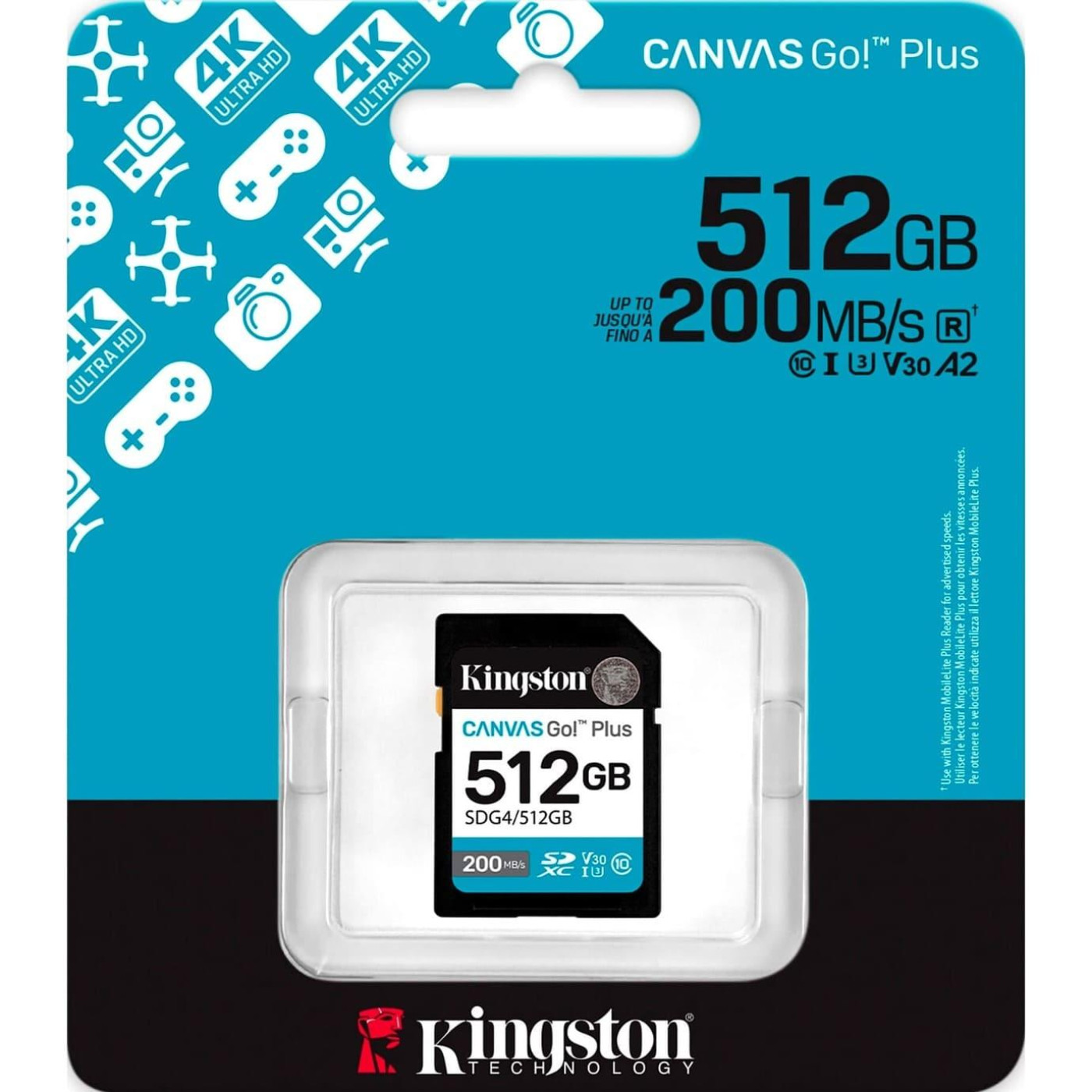 Карта памяти Kingston SDXC (UHS-1 U3) Canvas Go! Plus 512Gb class 10 A2 V30 (R200MB/s, W160MB/s) (SDG4/512GB)