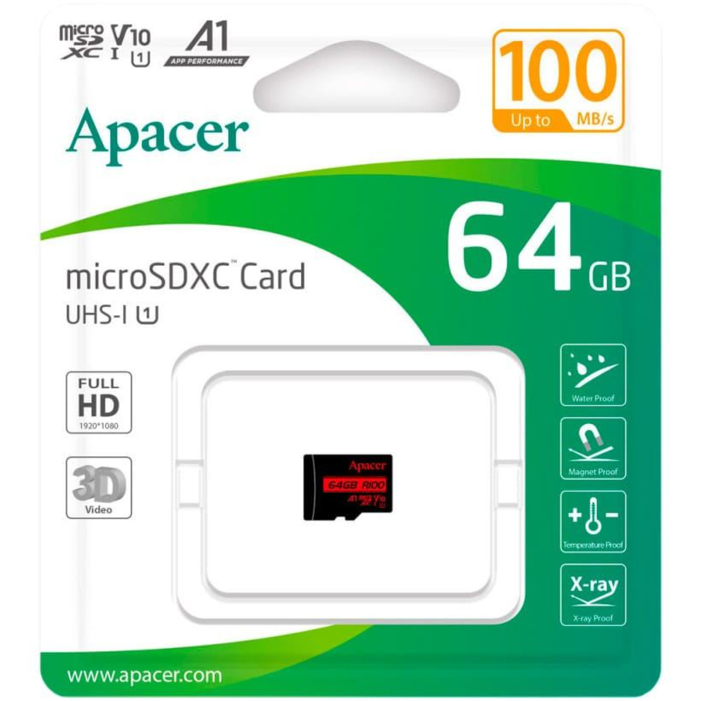 Карта пам`ятi MicroSDHC 64GB UHS-I Class 10 Apacer (AP64GMCSX10UB-RA)