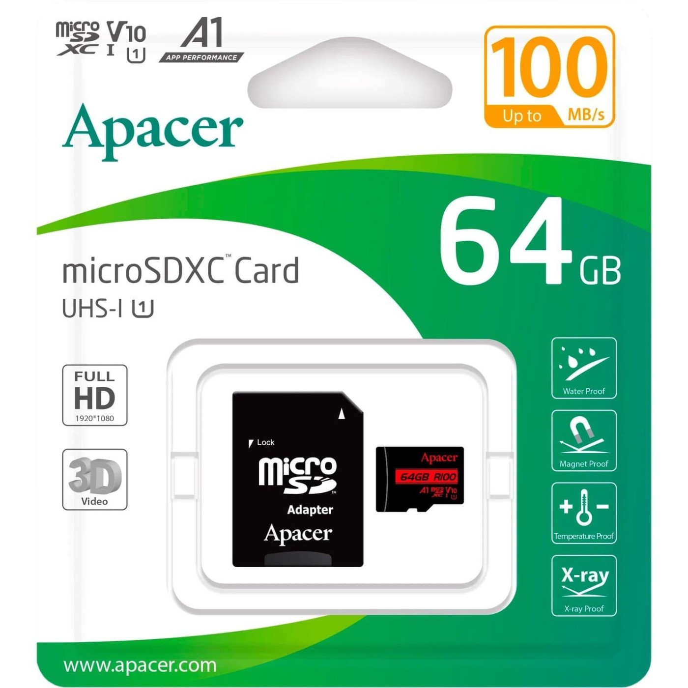 Карта памяти Apacer i MicroSDHC 64GB UHS-I Class 10 + SD adapter (AP64GMCSX10UB-R)