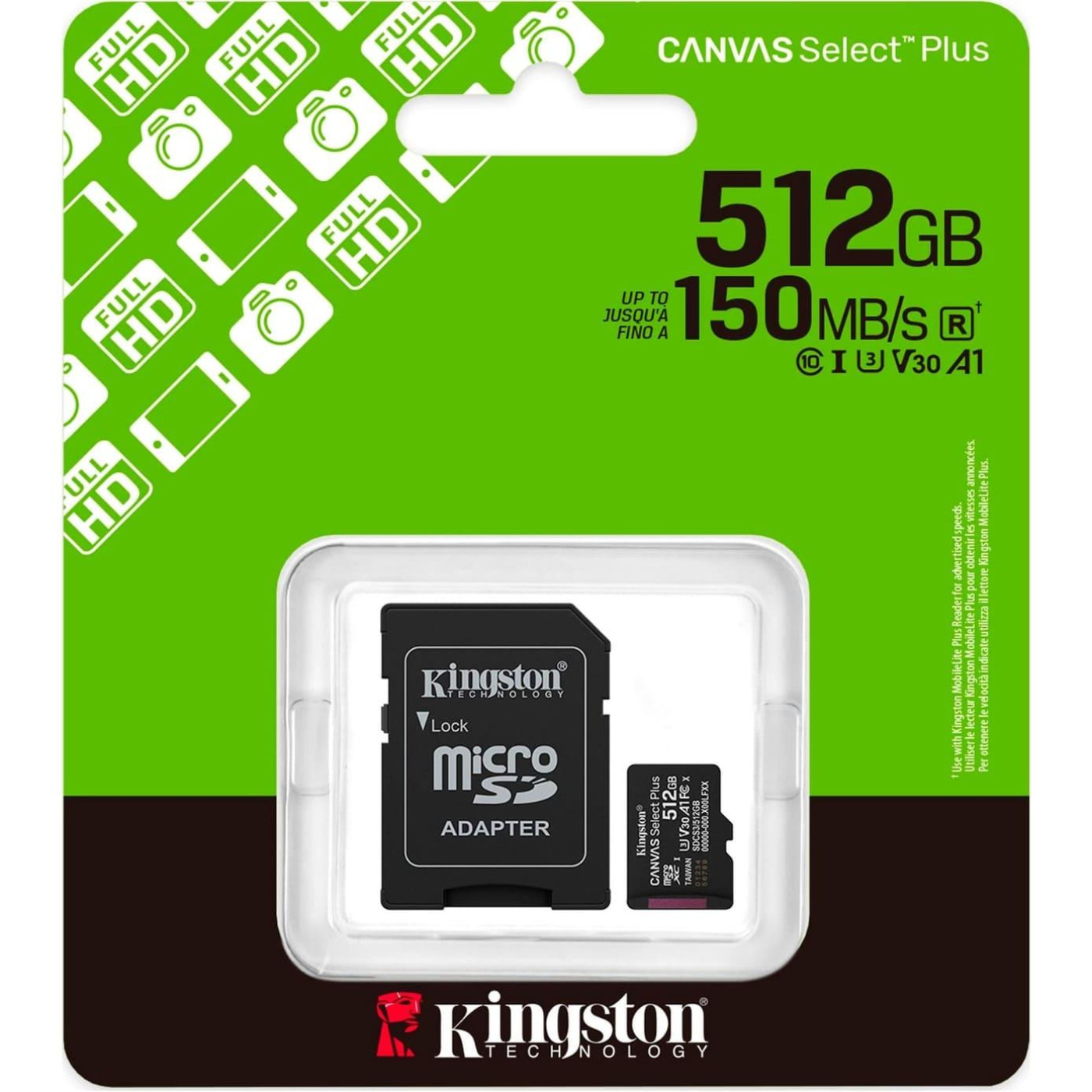 Карта памяти Kingston 512GB microSDXC Canvas Select Plus G en3 150MB/s A1 Card + Adapter SDCS3/512GB (SDCS3/512GB)