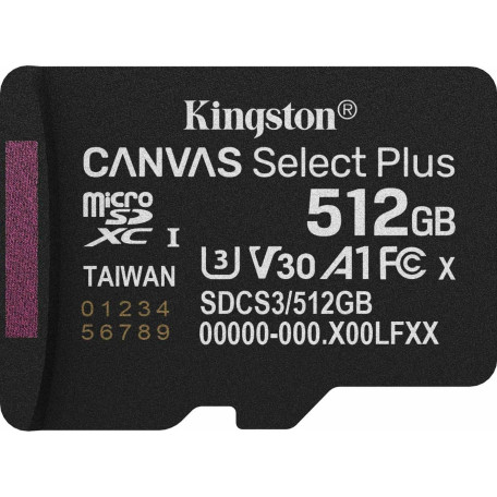 Карта памяти Kingston 512GB microSDXC Canvas Select Plus G en3 150R A1 Single Pack w/o ADP SDCS3/512GBSP (SDCS3/512GBSP)