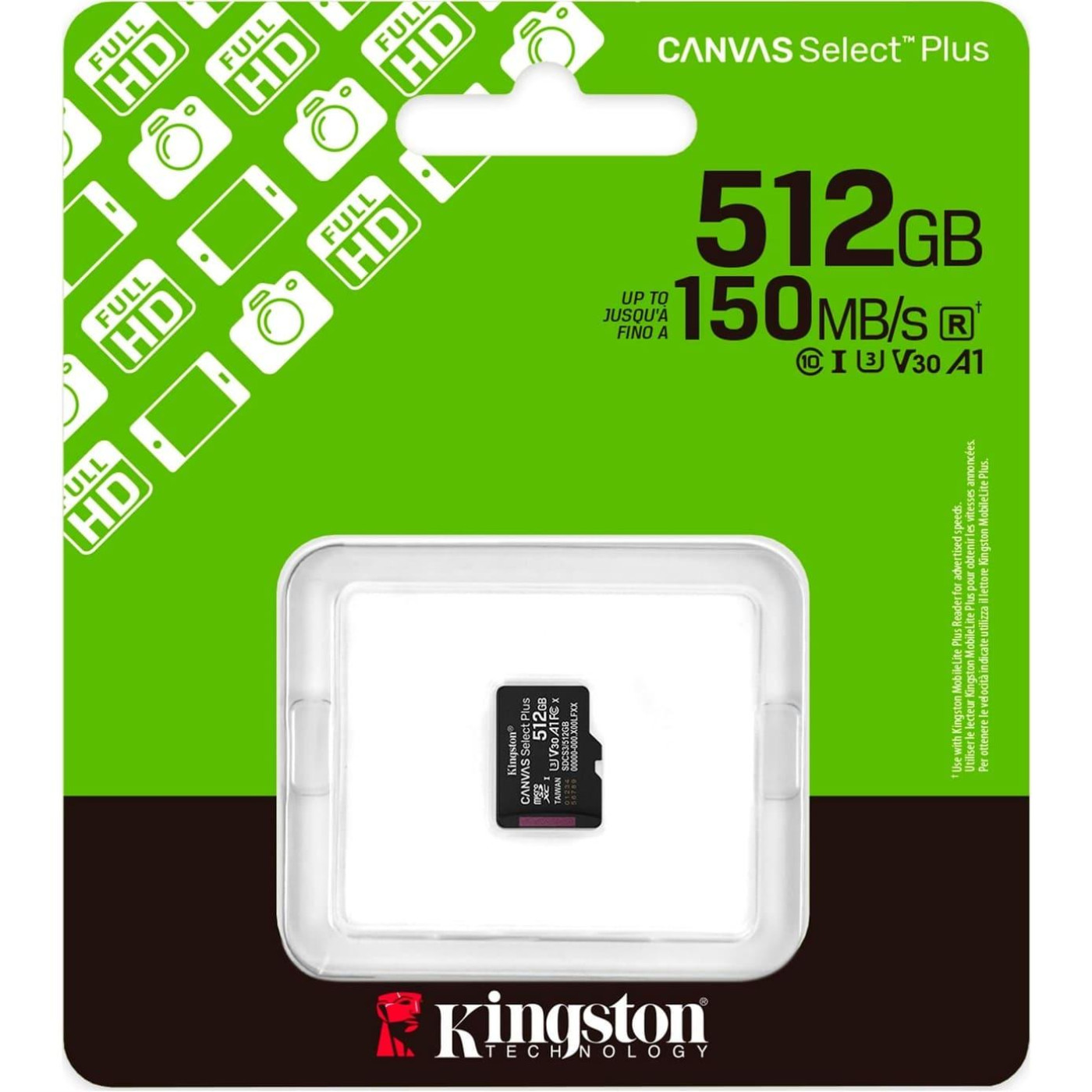 Карта памяти Kingston 512GB microSDXC Canvas Select Plus G en3 150R A1 Single Pack w/o ADP SDCS3/512GBSP (SDCS3/512GBSP)