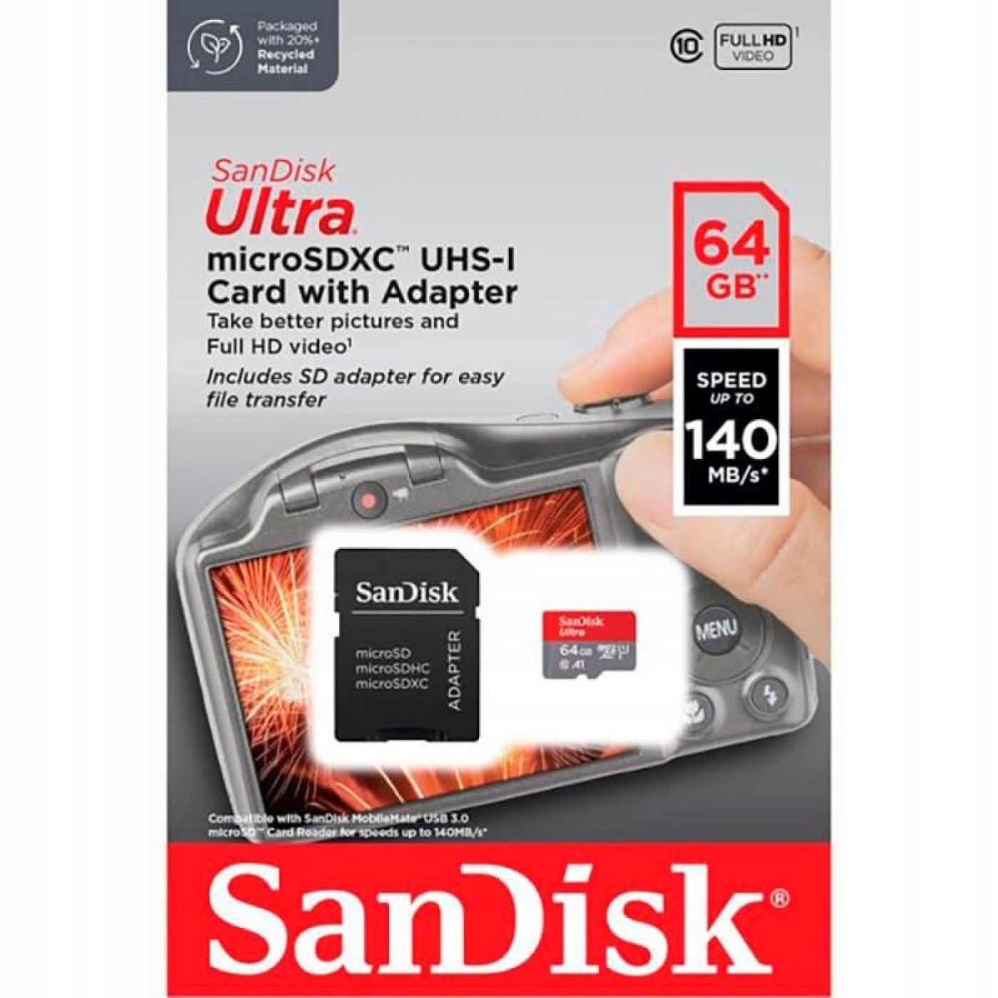 Карта памяти Sandisk 64Gb microSDXC (UHS-1) Ultra class 10 A1 (140Mb/s) (adapter SD) (SDSQUAB-064G-GN6IA)