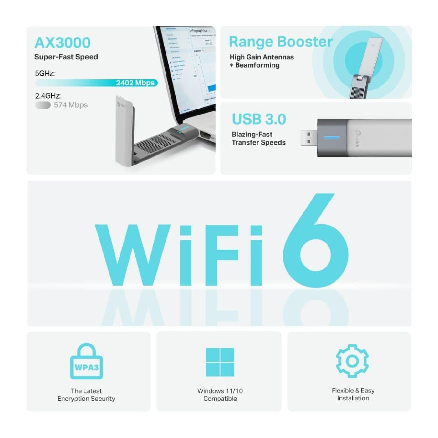 WiFi-адаптер TP-Link WiFi Archer TX50UH AX3000, USB 3.0 (ARCHER-TX50UH)