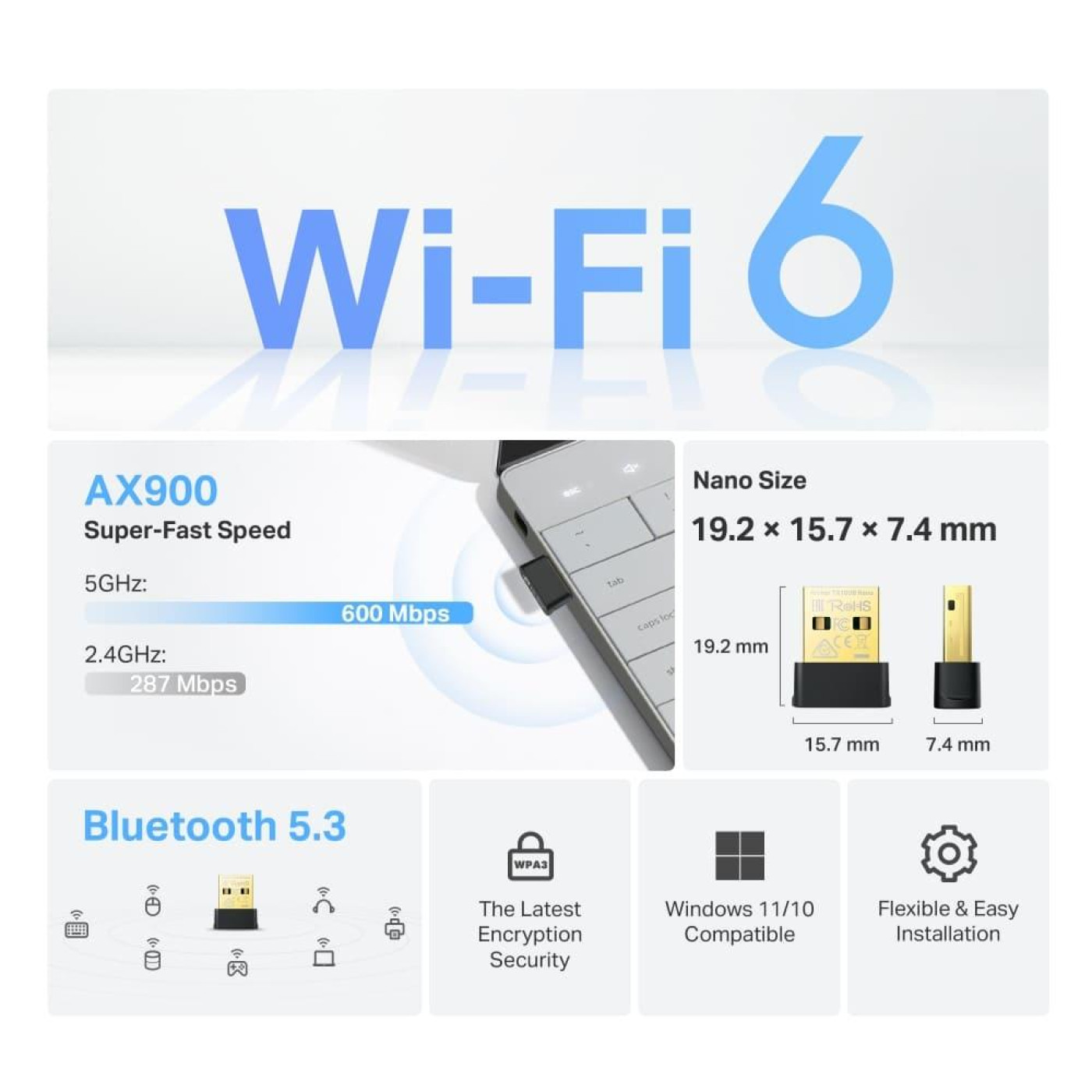 WiFi-адаптер TP-Link WiFi Archer TX10UB nano AX900, USB, BT5.3 (ARCHER-TX10UB-NANO)