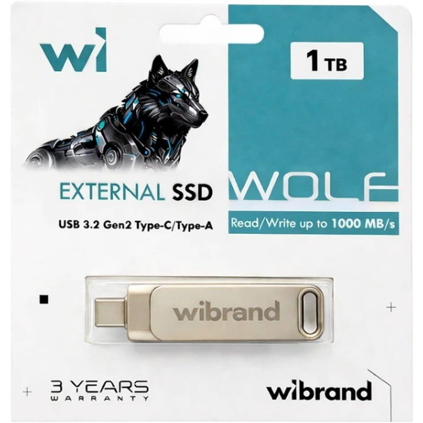 Портативний SSD Wibrand Wolf 1TB USB 3.2 Gen.2 Type-C/Type-A Read/Write 1000MB/s Silver