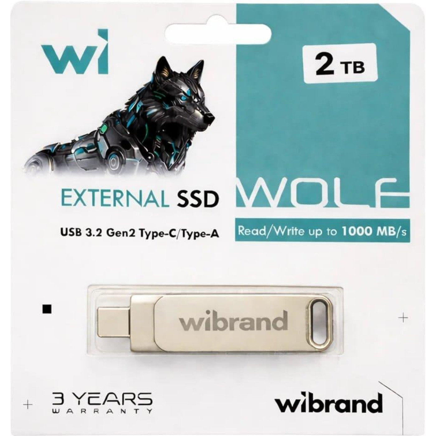 Портативний SSD Wibrand Wolf 2TB USB 3.2 Gen.2 Type-C/Type-A Read/Write 1000MB/s Silver