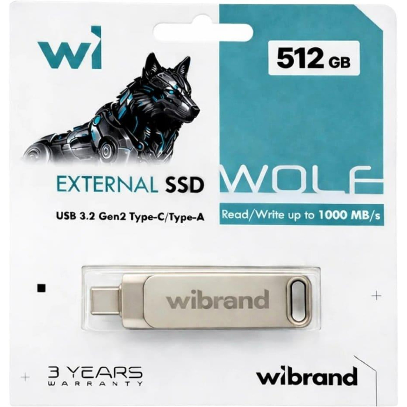 Портативний SSD Wibrand Wolf 512GB USB 3.2 Gen.2 Type-C/Type-A Read/Write 1000MB/s Silver
