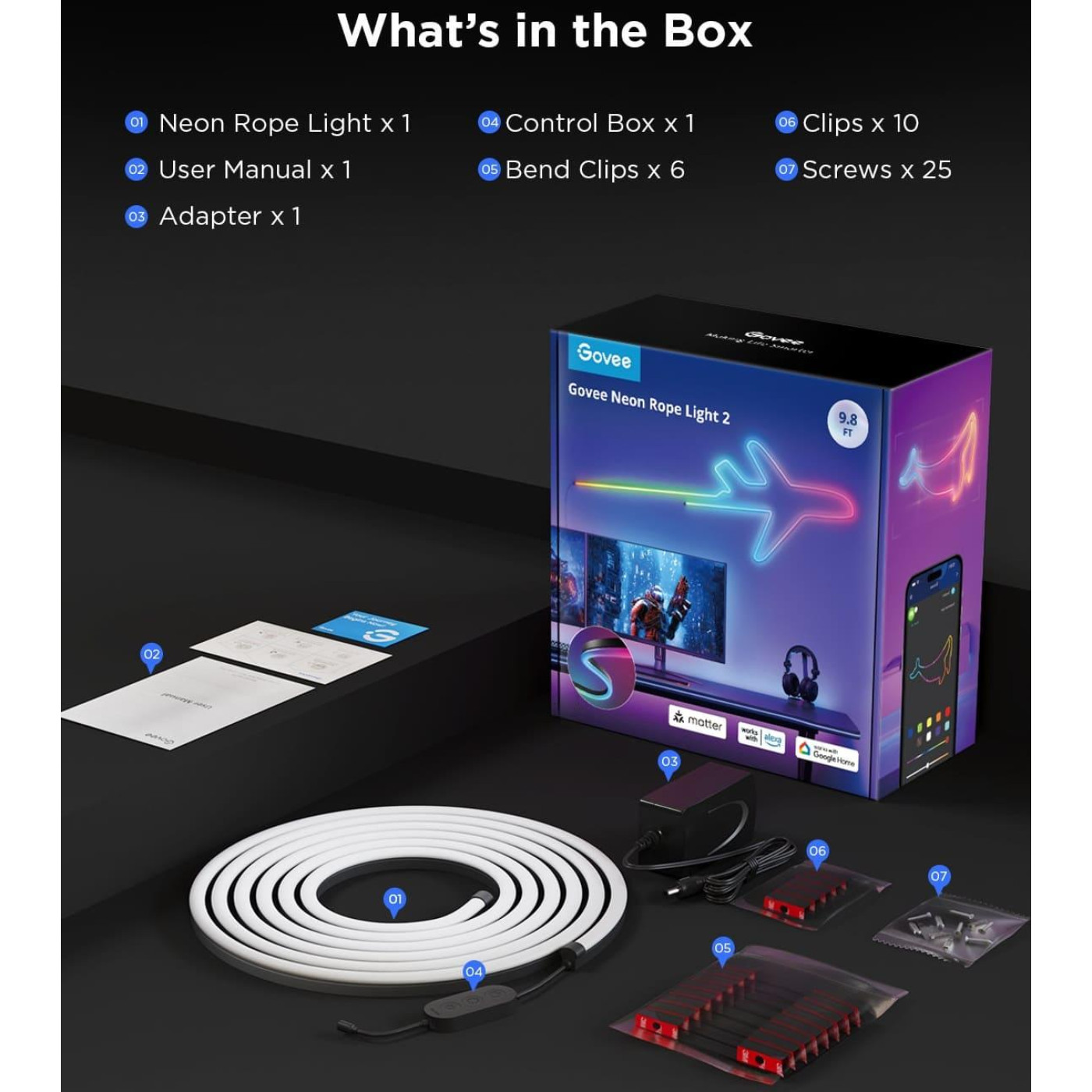 Стрічка світлодіодна розумна Govee H61D3 Neon Rope Light 2, 5м, RGBIC, WI-FI/Bluetooth, білий