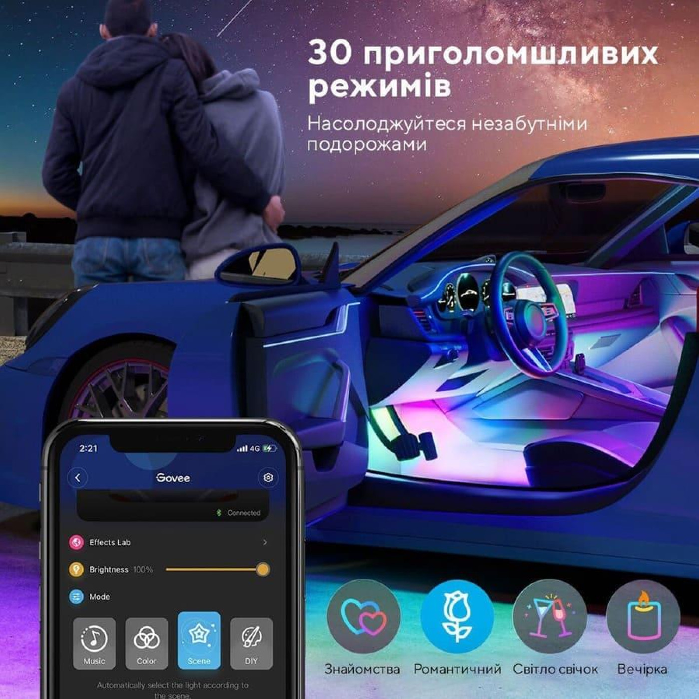 Набір розумного підсвічування для автомобіля Govee H7090 Interior Car Lights, RGBIC, Bluetooth, чорний