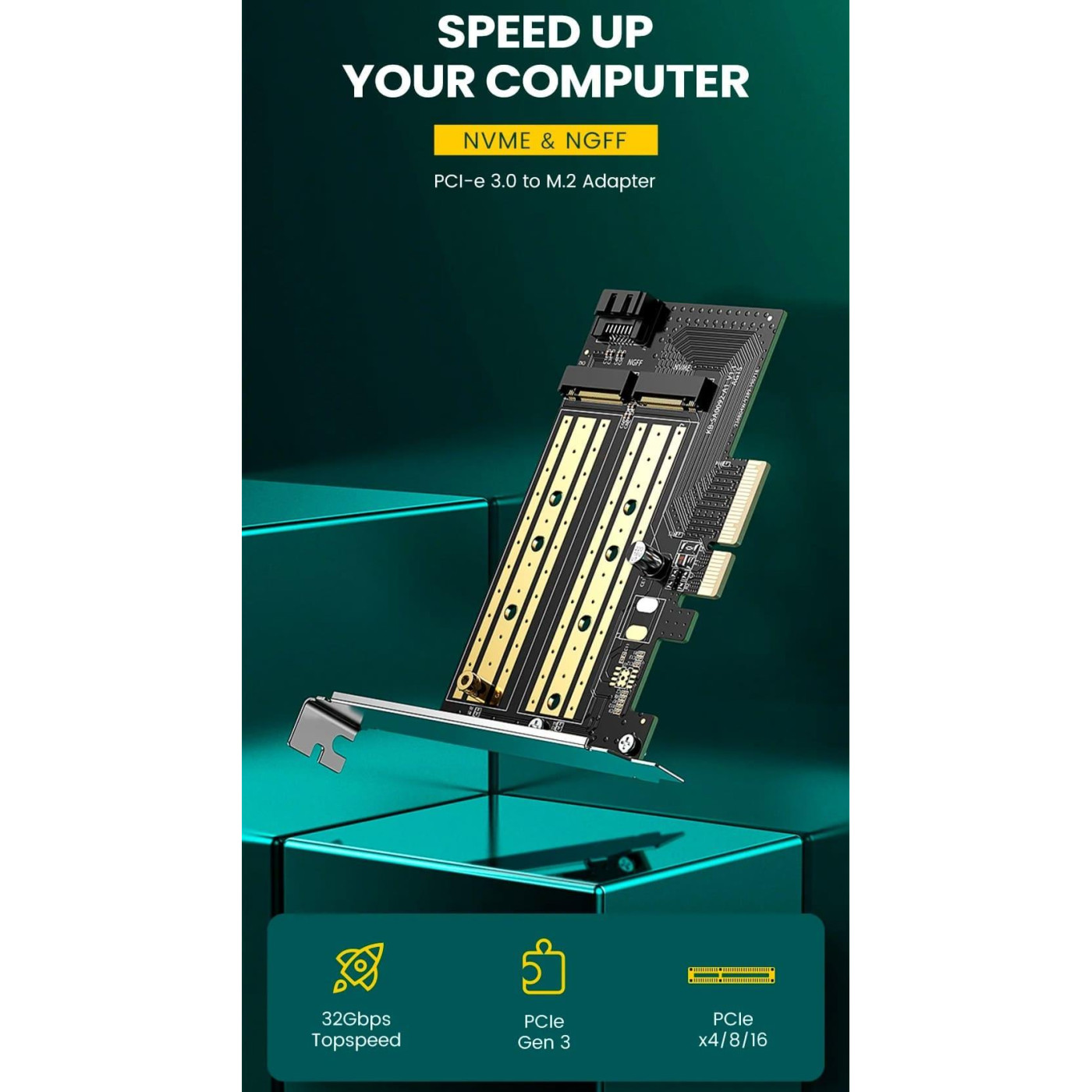 Контролер Ugreen PCI-E 3.0 for SSD M.2 NVMe + M.2 NGFF CM302 (70504)