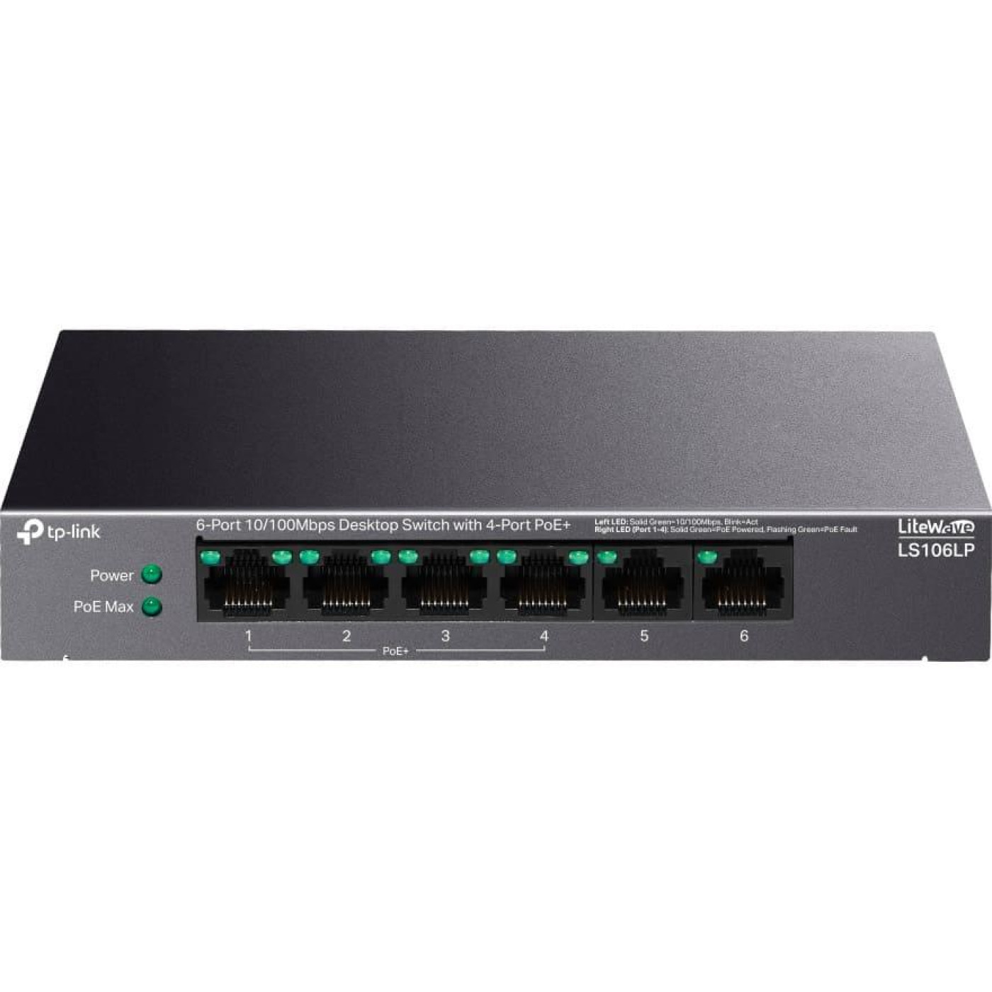 Комутатор TP-Link LiteWave LS106LP, Black, 6xRJ45 (2х10/100 Mb/s, 4x10/100 Mb/s PoE+) (LS106LP)