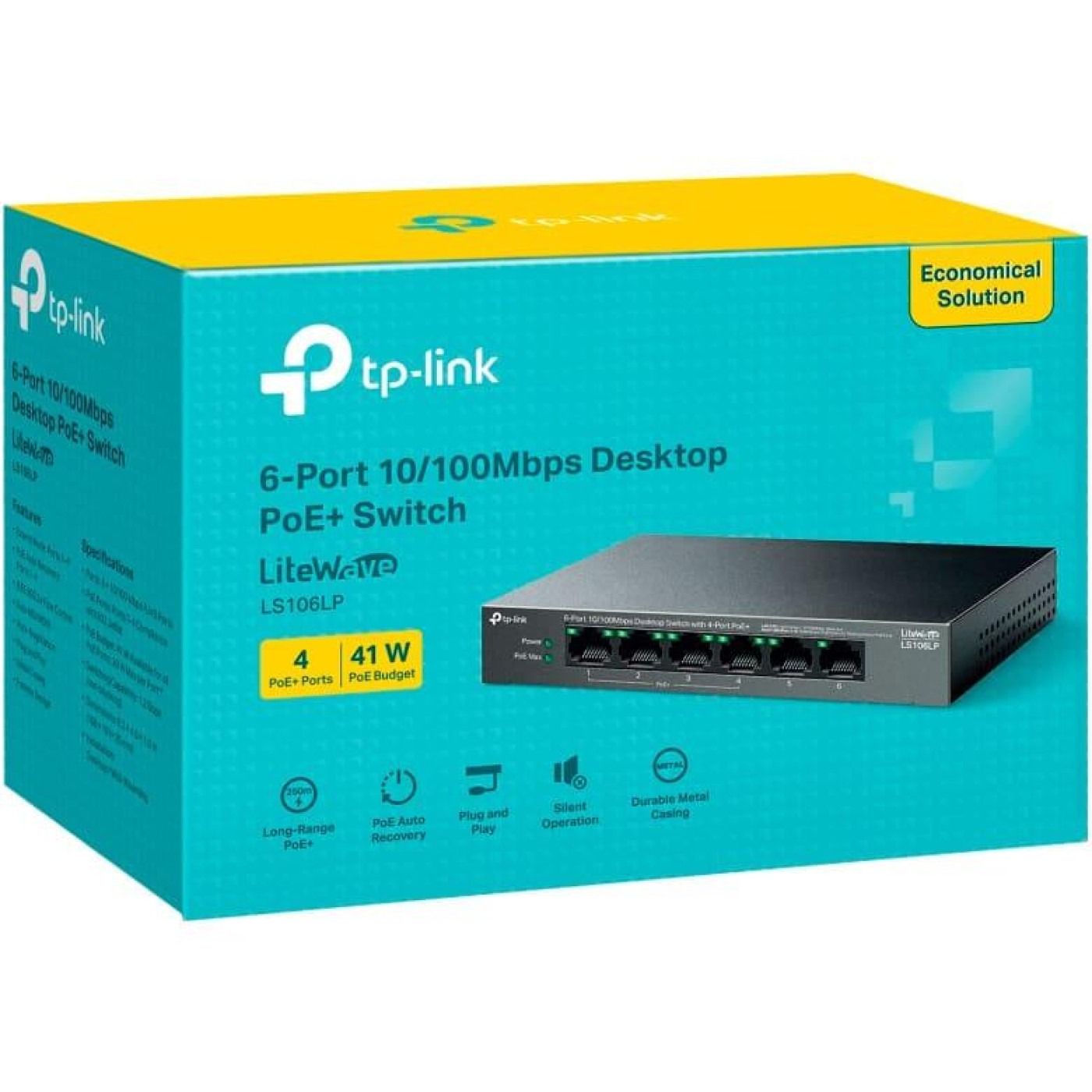 Комутатор TP-Link LiteWave LS106LP, Black, 6xRJ45 (2х10/100 Mb/s, 4x10/100 Mb/s PoE+) (LS106LP)