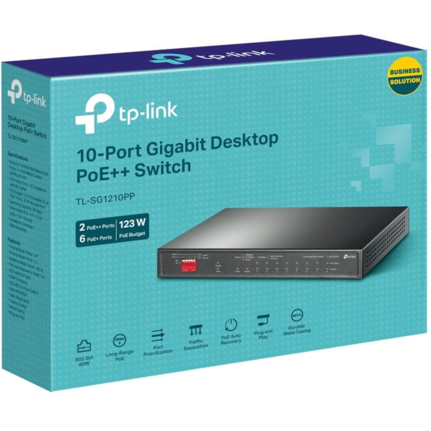 Комутатор TP-Link 10-портовий гігабітний настільний з 6 портами PoE+ та 2 портами PoE++ (TL-SG1210PP)