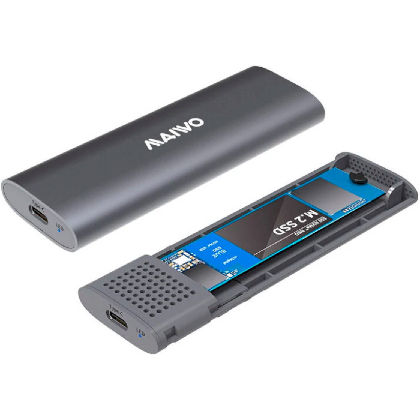 Внешний карман Maiwo внеш.для M.2 SSD NVMe/SATA combo через USB3.1 GEN2 Type-C безвинтов алюм. матовый серый (K1689)