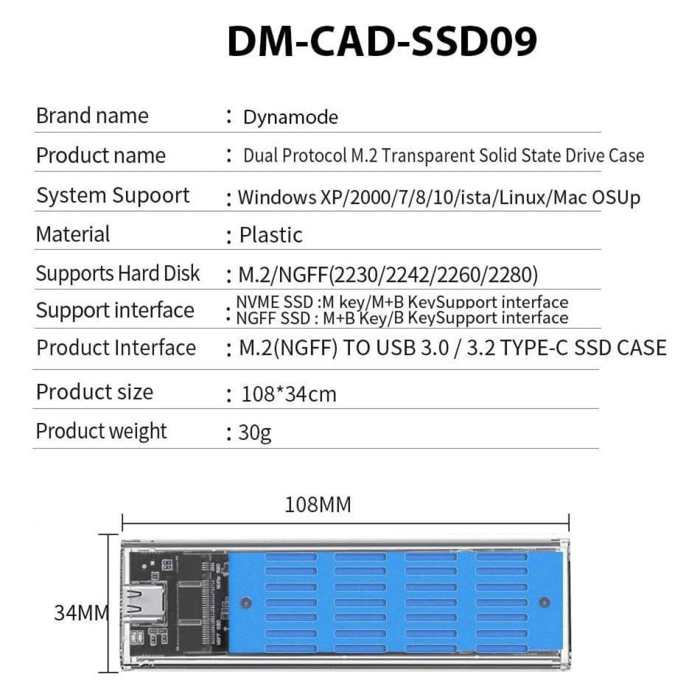 Внешний карман Dynamode M.2 SSD NVMe/SATA combo ч-з USB3.2 GEN2 Type-C (DM-CAD-SSD09)