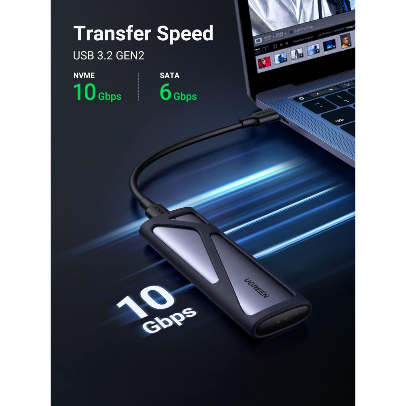 Внешний карман Ugreen для SSD M.2 (NVMe) M-Key 3.2 Gen2 CM400 Gray (90264)