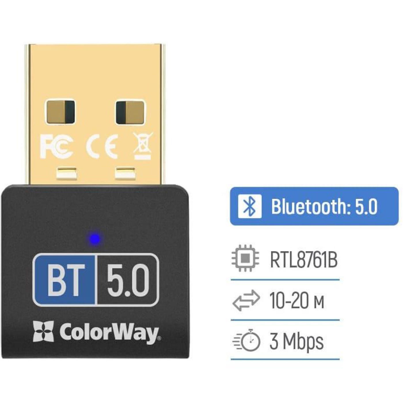 Bluetooth-адаптер ColorWay Bluetooth v5.0 USB, чорний (CW-AD-BT50)