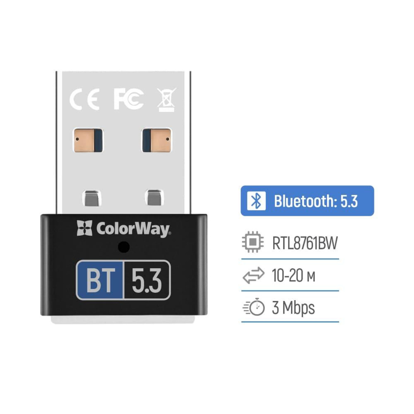 Bluetooth-адаптер ColorWay Bluetooth v5.3 USB, чорний (CW-AD-BT53)