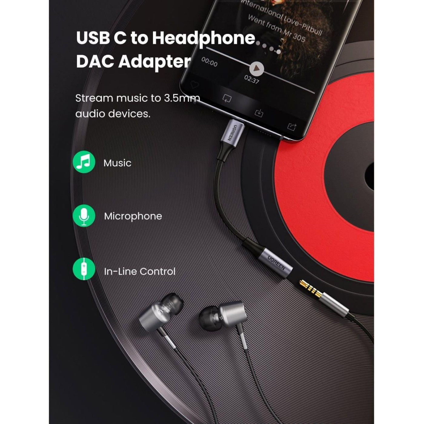 Переходник Ugreen USB-C to 3.5mm M/F 0.10m AV161 (80154)