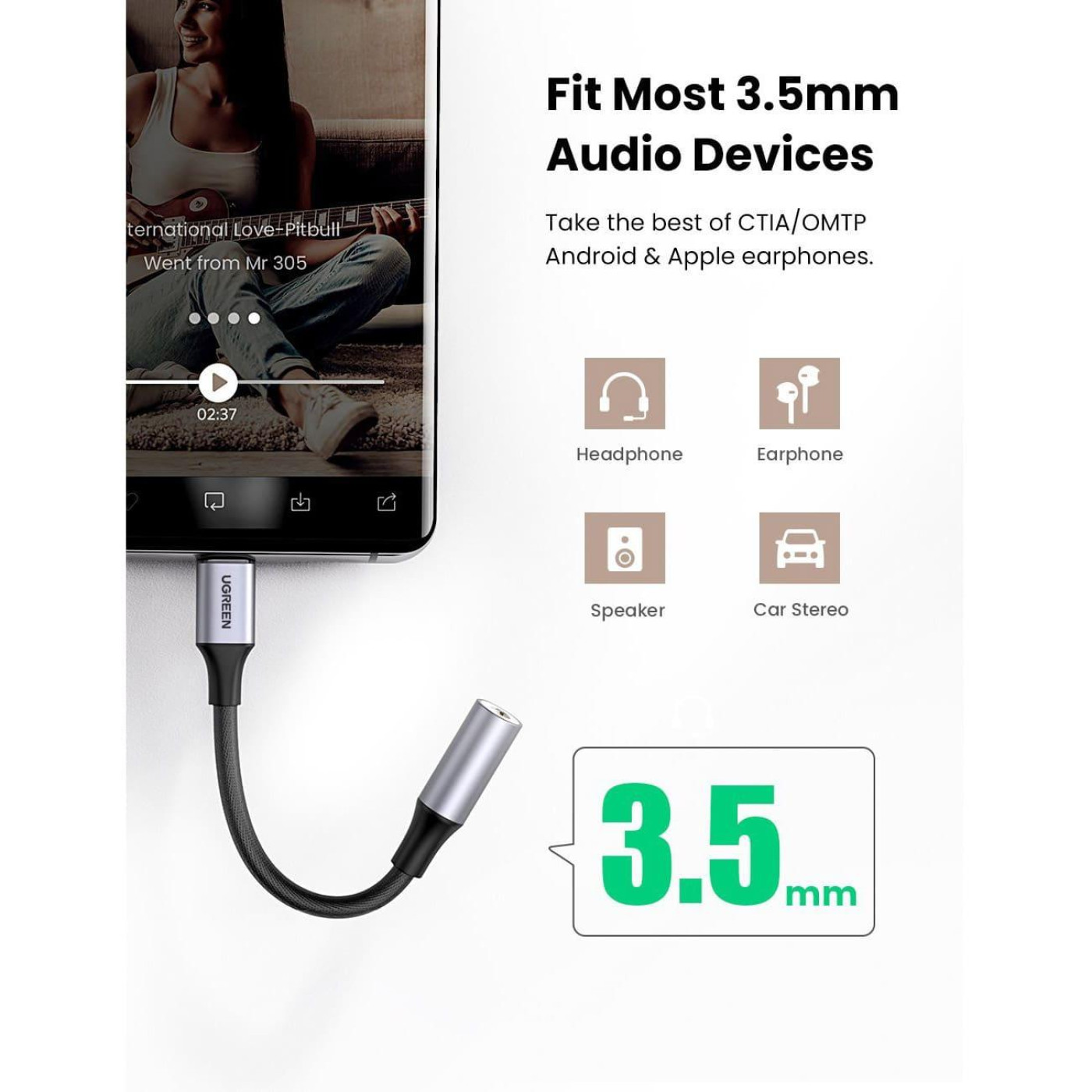 Переходник Ugreen USB-C to 3.5mm M/F 0.10m AV161 (80154)
