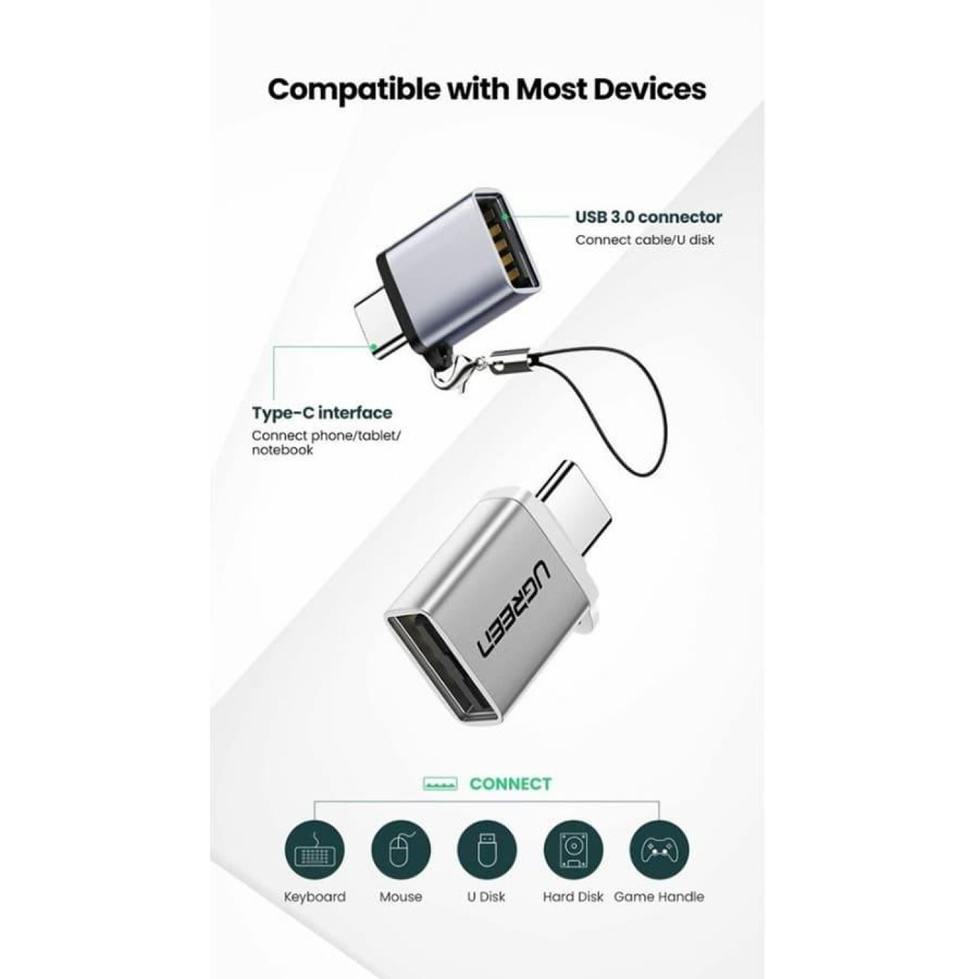 Перехідник Ugreen OTG USB 3.0 AF to Type-C US270 Alum. (Gray) (50283)
