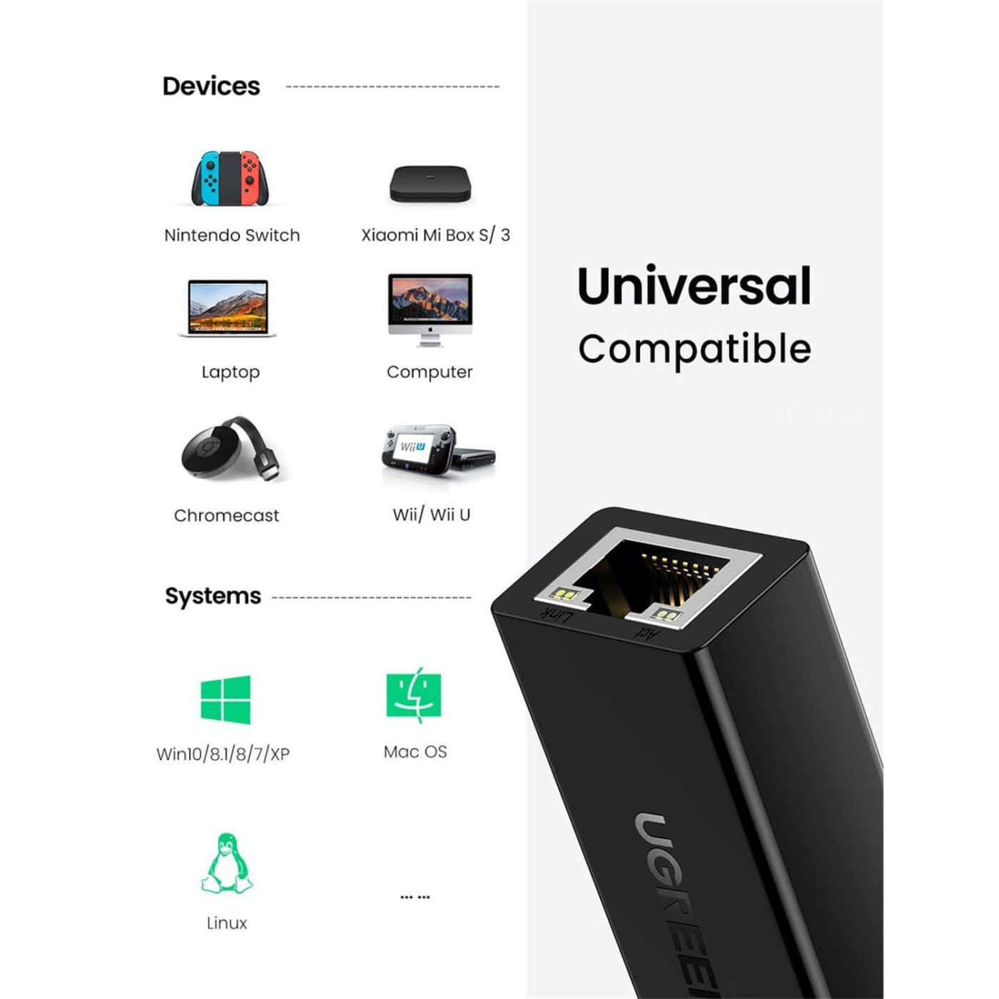 Переходник Ugreen USB 2.0 to Ethernet RJ45 10/100 Mb CR110 (20254)