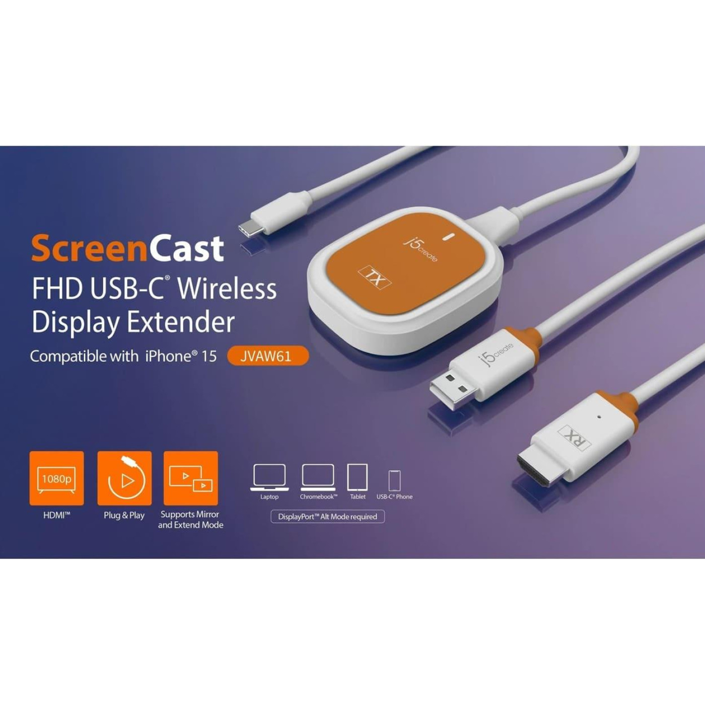 Бездротовий пристрій ScreenCast J5create JVAW61-N USB-C на HDMI, до 15 м