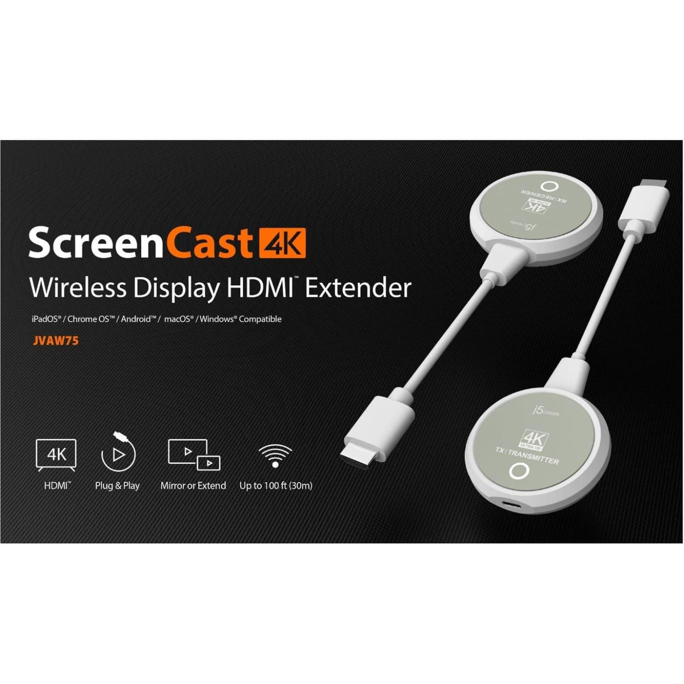 Бездротовий пристрій ScreenCast J5create JVAW75-N HDMI на HDMI, до 30 м