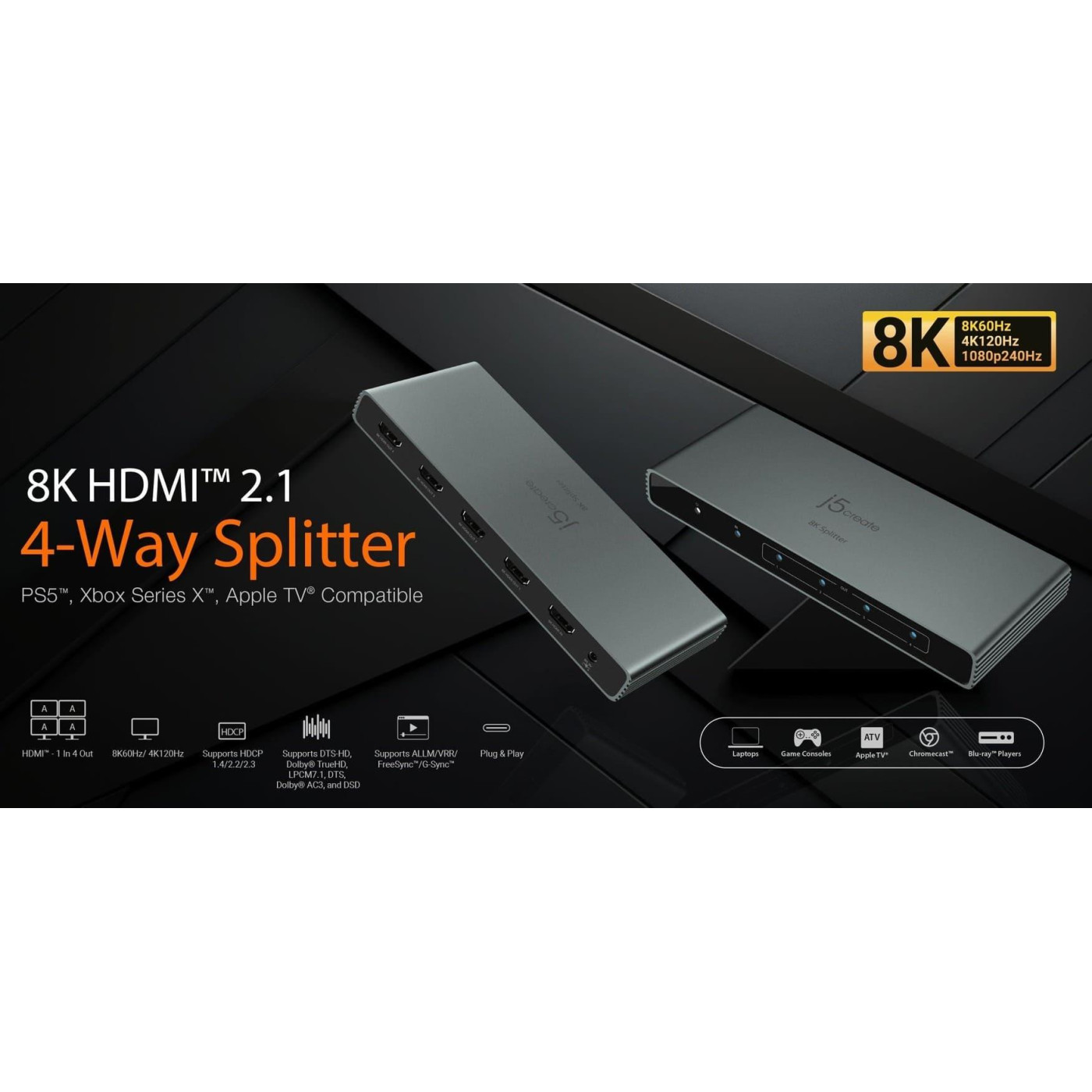 Перехідник j5create HDMI сигналу JDSH814-N, на 4 порти HDMI v. 2.1 (JDSH814-N)