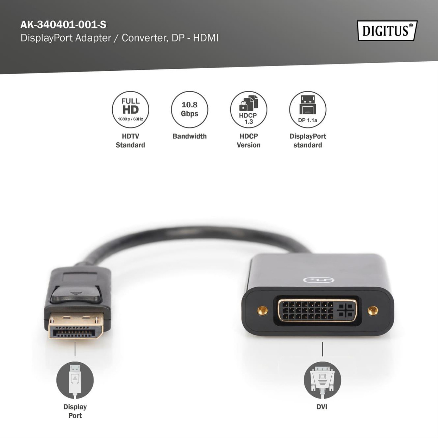 Перехідник Digitus DisplayPort - DVI (AK-340401-001-S)