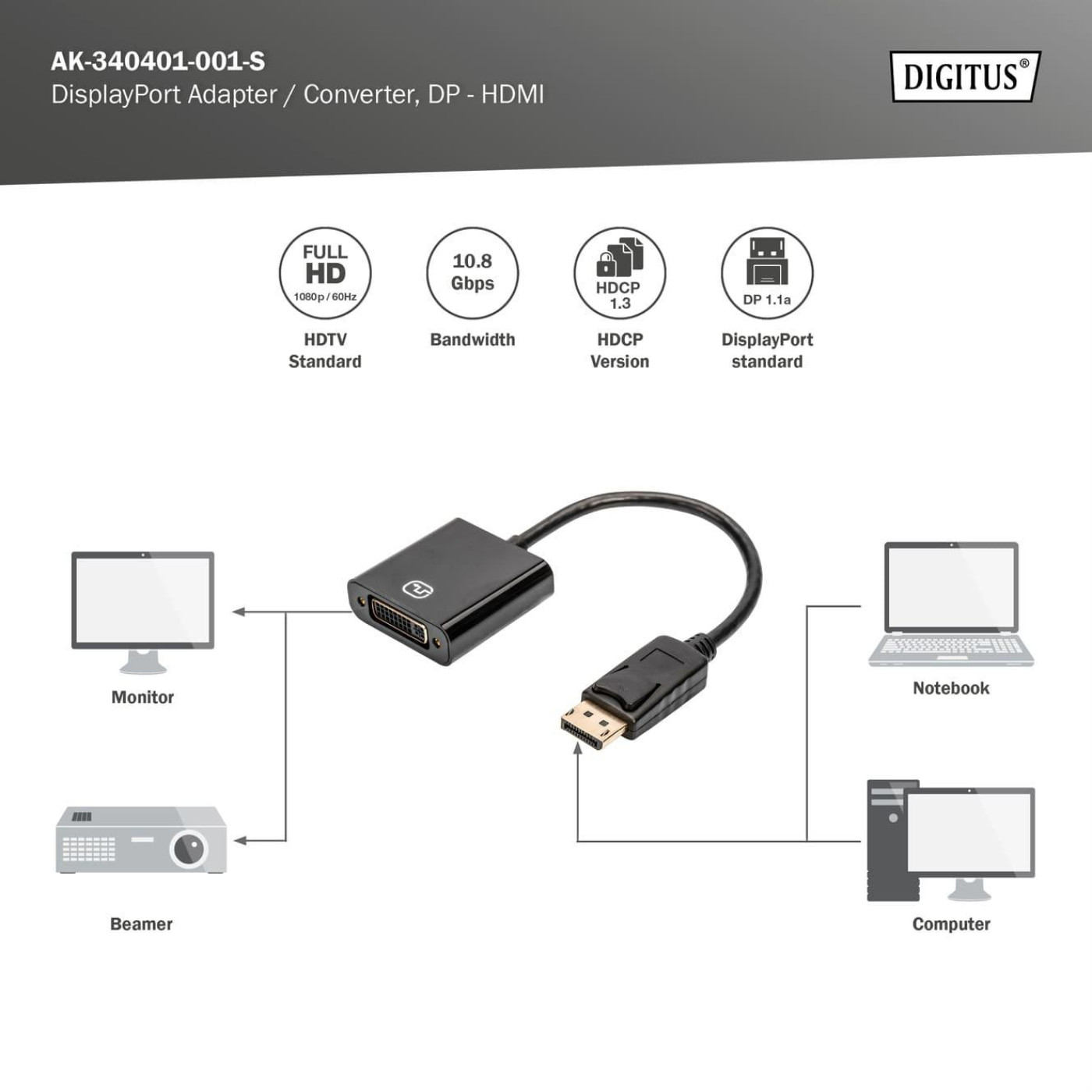 Перехідник Digitus DisplayPort - DVI (AK-340401-001-S)